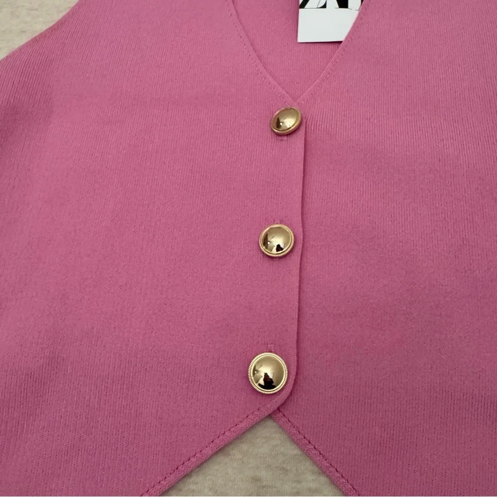 Zara Women’s Size S US Pink Polyester Gold-Button Casual Vest NWT - Picture 3 of 9